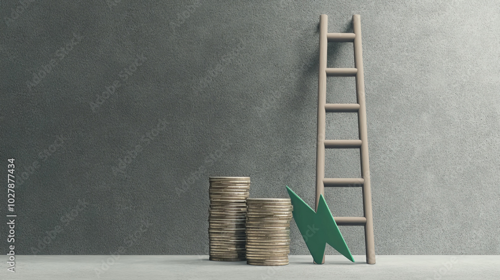 Poster a green arrow points down towards a stack of coins next to a ladder, all against a gray background. 