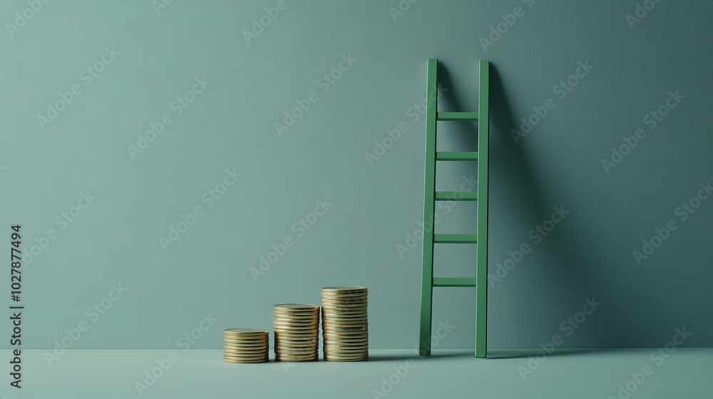 Poster a green arrow points down towards a stack of coins next to a ladder, all against a gray background. 