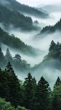 Misty Valley Surrounded by Lush Green Forests