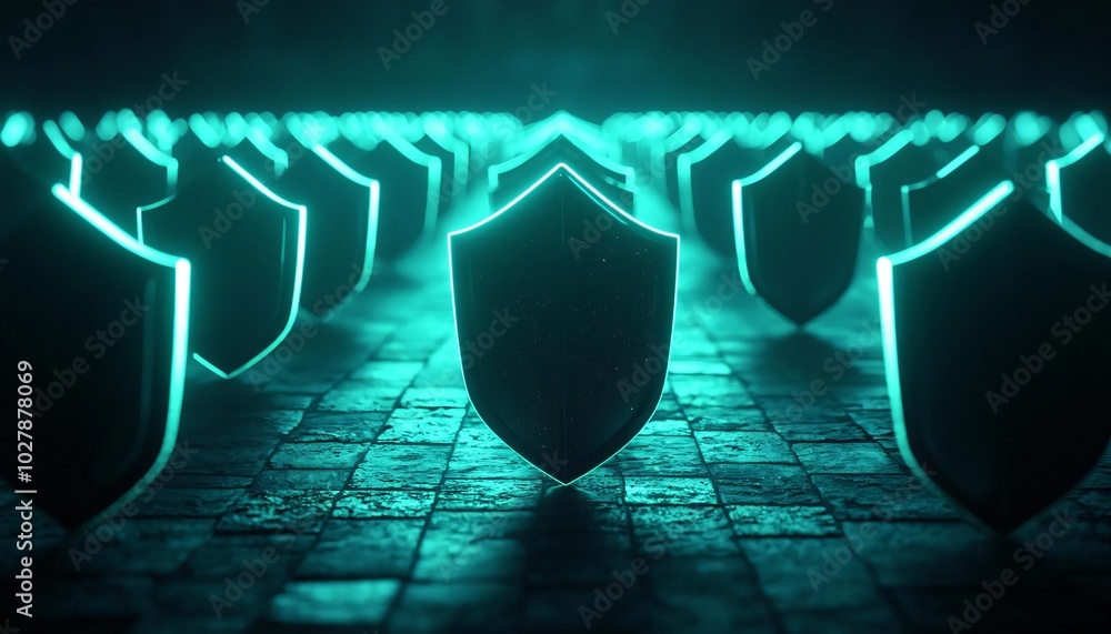 Poster futuristic glowing shields arranged in a pattern, symbolizing protection and security in a digital l