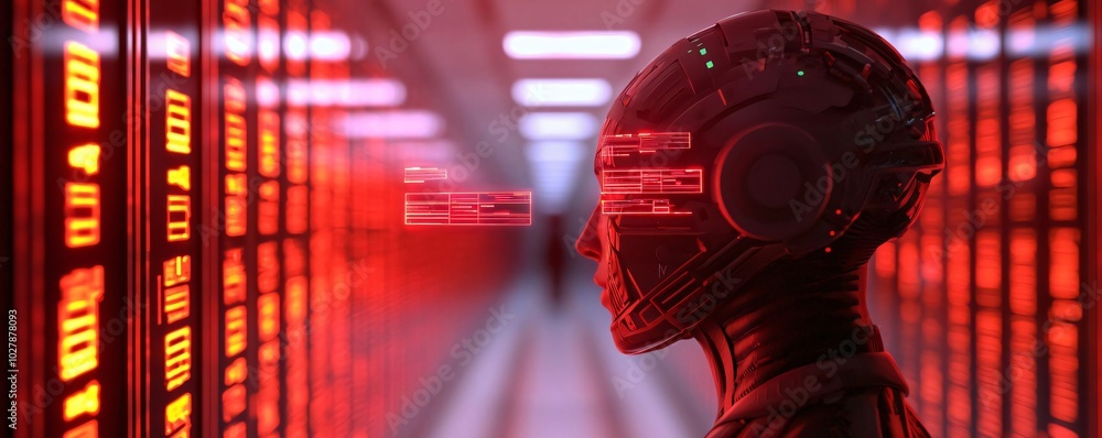 Poster futuristic humanoid robot standing in a neon-lit data center, symbolizing advanced technology and ar