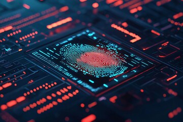 Futuristic fingerprint technology on a digital circuit board. Ideal for themes of security, identity, and innovation.