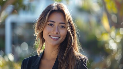 Obraz premium Businesswoman in formal suit, smiling confidently while looking to the side, standing in a modern outdoor setting