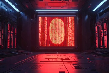 Futuristic room with glowing red screen displaying digital data, ideal for sci-fi, technology, and cyber themes.