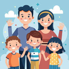 Character happy family greeting say Hi Hello