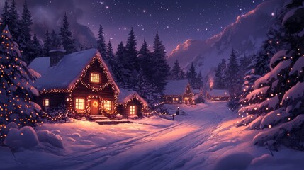 Fototapeta premium Cozy Cabin with Garland in Winter Wonderland