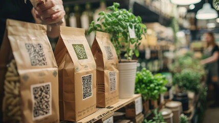 Eco-friendly shopping experience in organic grocery store with fresh herbs and sustainable packaging