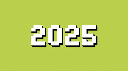 White pixelated 2025 on green background, retro futuristic new year design. 
