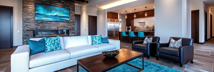 interior design photography, living room open area turquoise with copper fixtures, 
