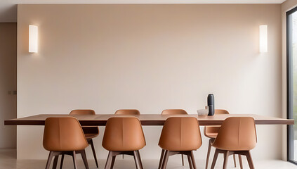 Fototapeta premium interior design modern dining room wooden dining tables chairs near blank beige stucco wall copy space