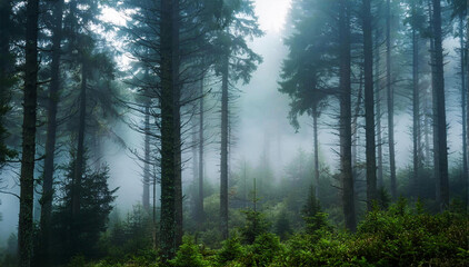Las we mgle, widok drzewa