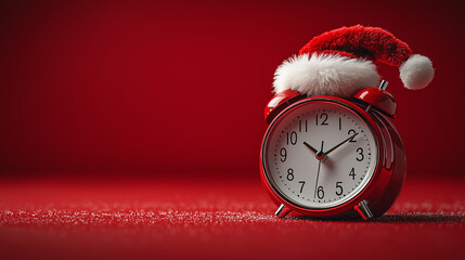 Christmas clock with a white alarm and a Santa hat, with copy space for text