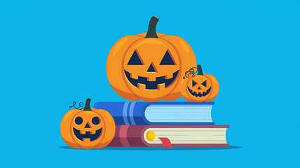 Orange pumpkins and blue books Halloween celebration joyful and spooky holiday spirit. 
