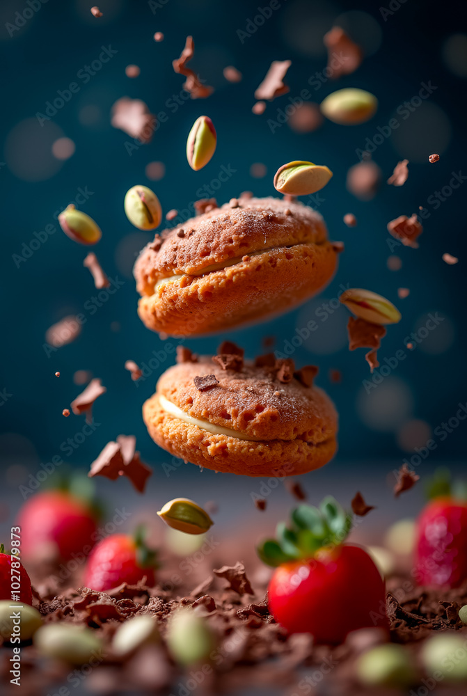 Poster two macarons hover above a bed of chocolate fragments and fresh strawberries, creating a visually ap