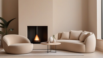 japandi boho style home interior design modern living room curved beige sofa armchair beige wall arched fireplace