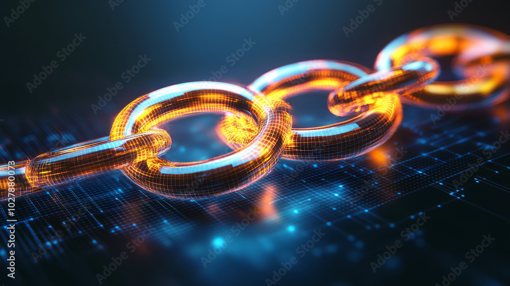 Poster a modern, 3d design showcasing a blockchain network. it features interconnected links, a grid patter