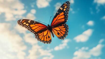 Fototapeta premium A vibrant butterfly with orange wings soaring against a blue sky with clouds.