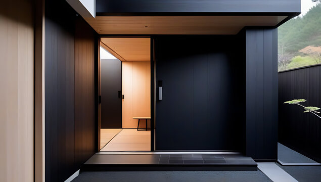 main entrance door japanese minimalist style exterior villa forest black tiled walls timber wood lining front door