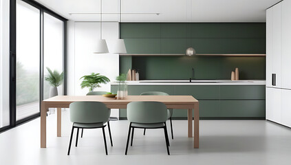 Fototapeta premium modern interior design minimalist green kitchen island dining table gray chairs
