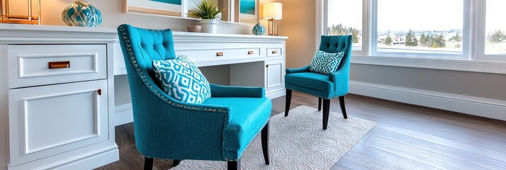interior design photography, home office open area turquoise with copper fixtures, 