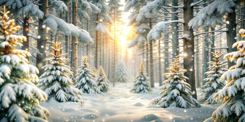 Magical winter forest with snow-covered trees and sun rays shining through on serene background