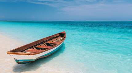 Naklejka premium Wooden boat floats in crystal-clear turquoise waters on a sunny day, with a pristine beach in the background.