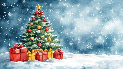 Festive Winter Watercolor Illustration with Christmas Tree