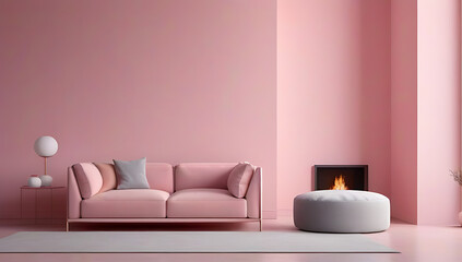 sofa pouf pink wall fireplace minimalist interior design modern living room