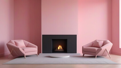 sofa pouf pink wall fireplace minimalist interior design modern living room
