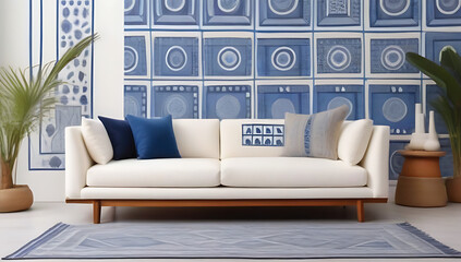 white sofa among blue motifs pottery near patterned wall boho eclectic bohemian interior design modern living room