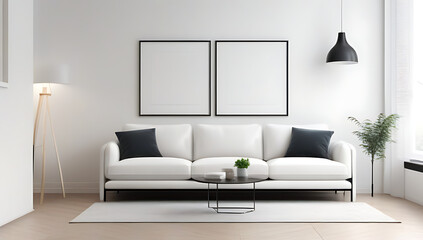 Fototapeta premium white sofa posters frames wall interior design modern living room
