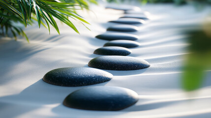 Obraz premium A peaceful zen garden with smooth stones arranged in white sand. The scene is simple and calming, perfect for relaxation and meditation.