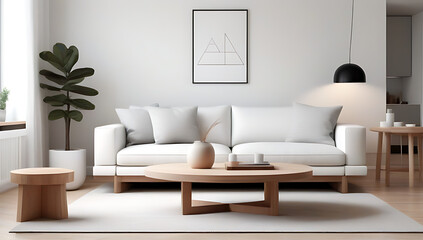 Obraz premium white sofa wooden coffee table scandinavian style interior design modern living room