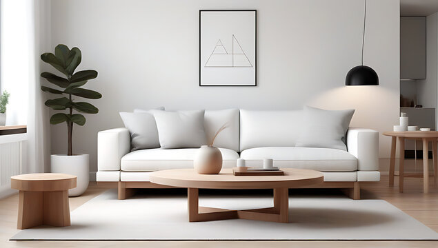 white sofa wooden coffee table scandinavian style interior design modern living room