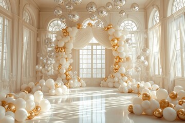 A party backdrop composition, a white and golden-colored balloon arch with lots of balloons everywhere on the floor and wall, a cake-smash aesthetic. 