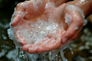 Fototapeta premium Close-up of hands covered in soapy foam during hand washing, emphasizing cleanliness and hygiene.