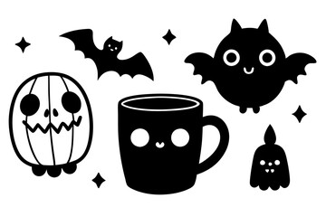 Cute and creepy halloween set with illustrations of cartoon mugs in hand drawn style. Perfect for greeting cards, party invitations, posters, stickers, pin, scrapbooking, icons