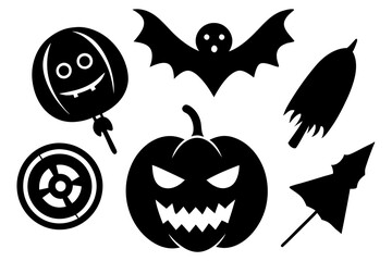 Naklejka premium Halloween Icon Set Featuring Pumpkins, Candy, Bats, and Witches for Fun Party Designs.white background