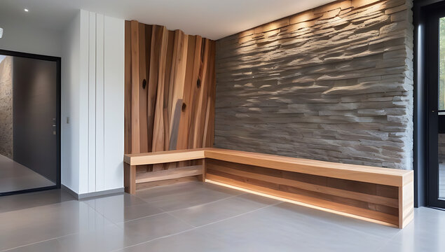 wild stone cladding wall wooden bench decorative tree trunks composition rustic style interior design modern entrance hall