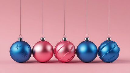 Pink and Blue Christmas Ornaments Hanging on Pink Background Festive Holiday Decor 
