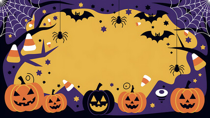 Halloween celebration with pumpkins, bats, and spiders on a purple and yellow background. 
