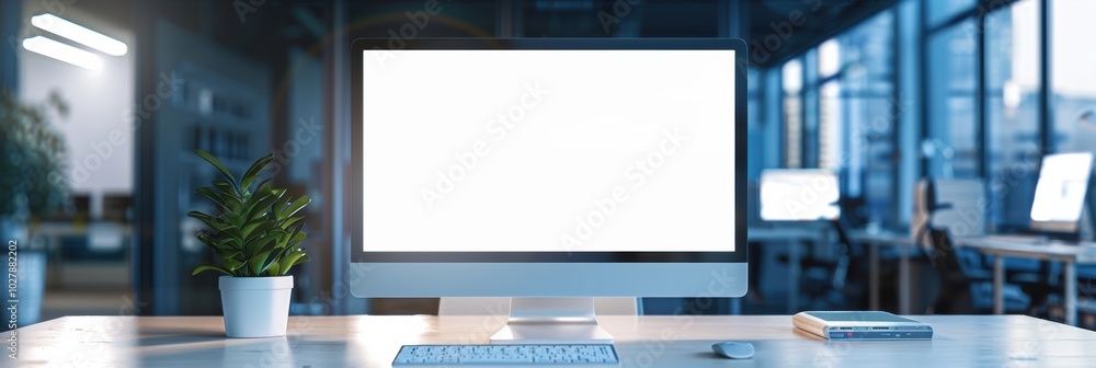 Aufkleber blank monitor screen in a high-tech workspace, perfect for adding personalized design