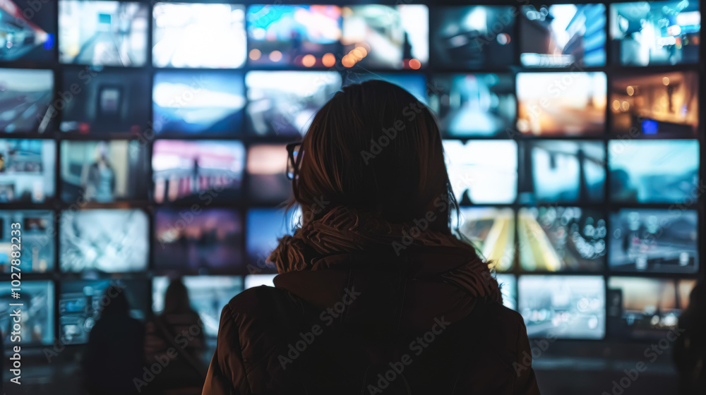 Aufkleber woman is looking at a large screen with many different images on it. scene is one of curiosity and w