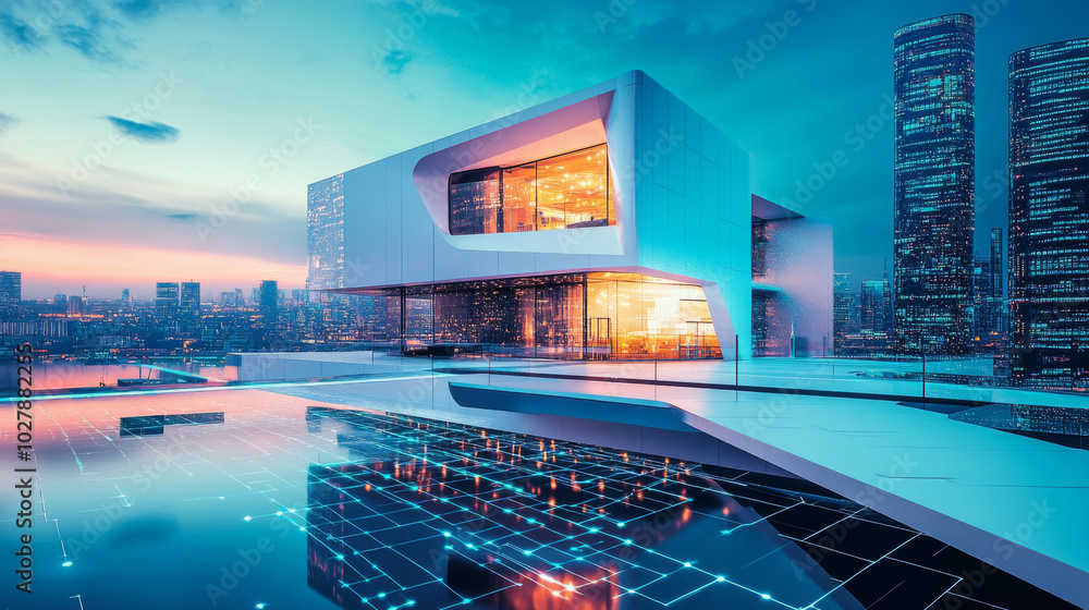 Poster a picture shows a bank building in a futuristic setting. it represents how banks use technology to c