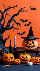 Halloween jack-o'-lanterns black orange spooky autumn scene
