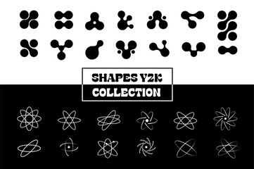 Fototapeta premium Set of abstract retro futuristic Y2K elements and shapes isolated on white and black background