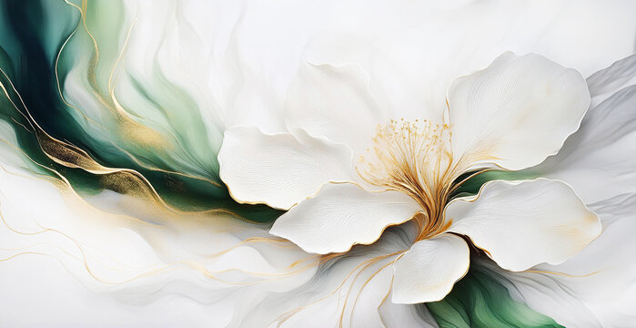 Fiore bianco con acrilico verde. Fondo floreale astratto, carta da parati
