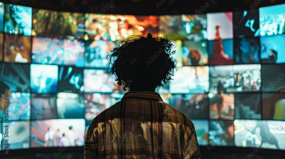 Poster woman stands in front of a large screen with many images on it. the woman is looking at the screen w