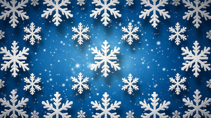 White snowflakes on a blue background, winter holiday design, festive and joyful. 
