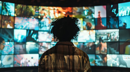 Woman stands in front of a large screen with many images on it. The woman is looking at the screen with interest. The images on the screen are colorful and dynamic, creating a sense of excitement